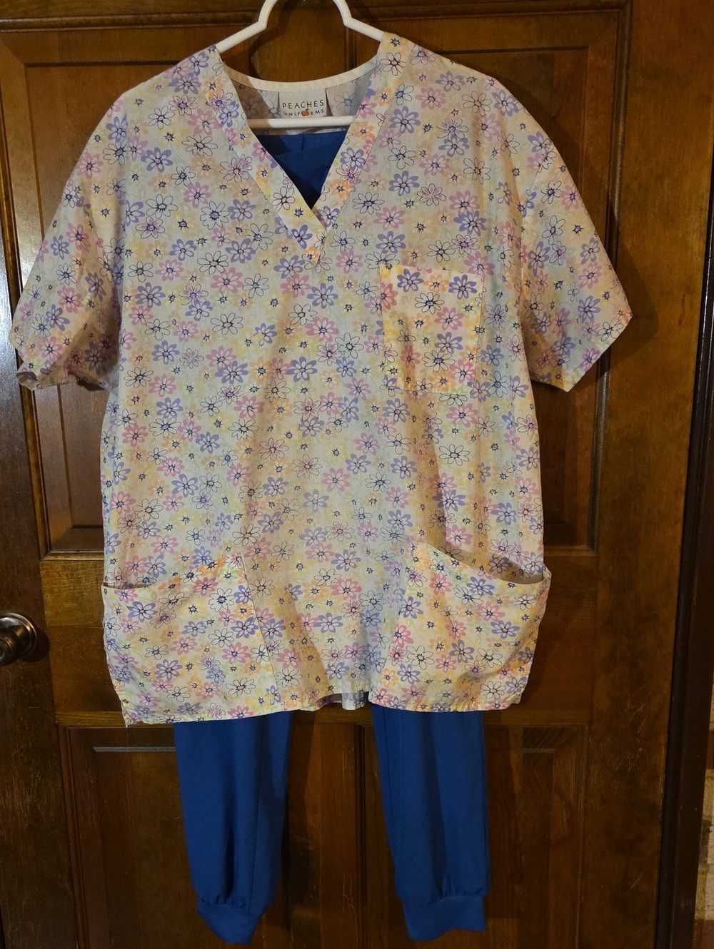 UNIF Yellow Floral Short-Sleeve Scrub Top with Blue Scrub Pants